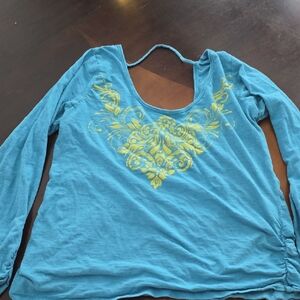 Maurices Teal Long Sleeve Top with Yellow Embroidery